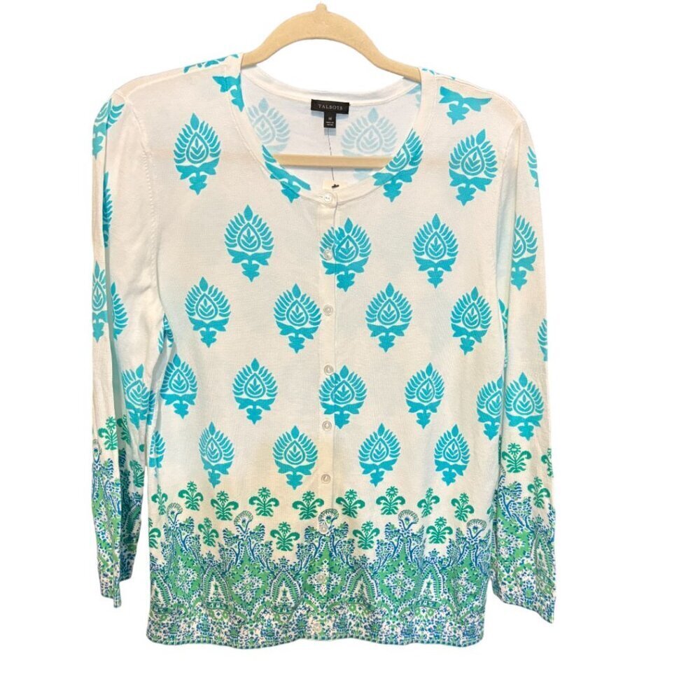 Talbot's Button Front Cardigan White Turquoise Blue Print